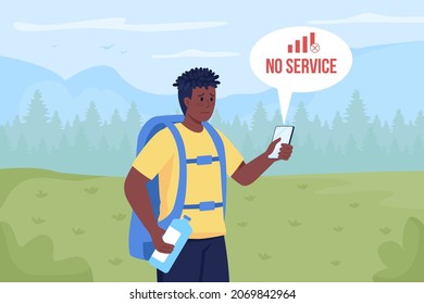 Lost hiker searching mobile network flat color vector illustration. Wilderness extreme situation. Traveler gets lost while traveling 2D cartoon character with mountain peaks on background