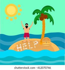 Lost island. Man asks for help. Vector illustration