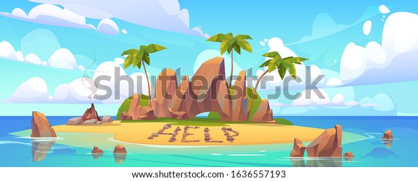 Lost island in ocean with alone\
castaway person asking for help. Vector cartoon sea landscape witn\
tropical island with palms, rocks and sand beach with\
bonfire.