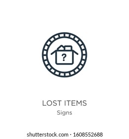 Lost items icon. Thin linear lost items outline icon isolated on white background from signs collection. Line vector sign, symbol for web and mobile