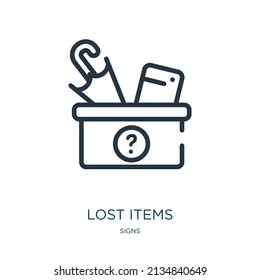 lost items thin line icon. lost, information linear icons from signs concept isolated outline sign. Vector illustration symbol element for web design and apps.