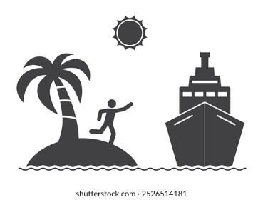 lost man shipwrecked on tropical palm tree island with ship icon