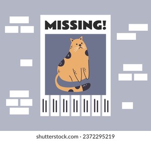 Lost missing pet animal poster notice announcement on wall concept. Vector flat graphic design illustration