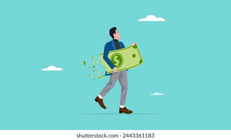 lost money investment in economic recession or falling stock market value,  businessman holding large dollar banknotes that are crumbling and decreasing in value concept vector illustration