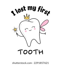 I lost my first teeth. Cute tooth fairy wearing crown and holding star magic wand. Children tooth fairy. Baby girl first lost tooth concept. Concept of medical cabinet, children dentistry.