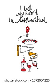 Perdí mi corazón en Ámsterdam. Conjunto de elementos vectoriales de Amsterdam. Concepto de viajes y turismo. Cartel de viaje, postal