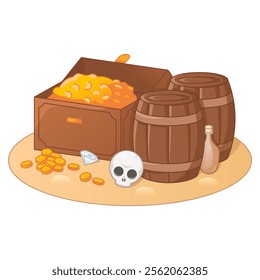 Lost open treasure chest with gold coins, wooden barrels with rum and skull on uninhabited island. Pirate treasure in cartoon style isolated.