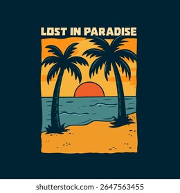 Projeto de verão "LOST IN PARADISE" para cartaz, banner, adesivo ou camiseta