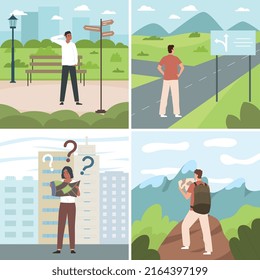 Gente perdida buscando de manera correcta escenas planas afiches aislados ilustraciones vectoriales