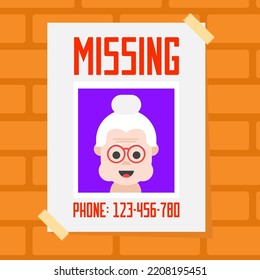 Lost Person Poster, Missing Old Lady. Flat Design Vector Illustration.