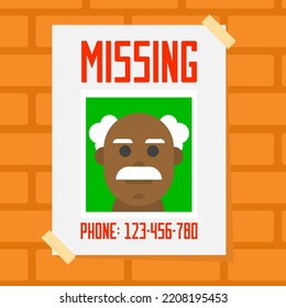 Lost Person Poster, Missing Old Man. Flat Design Vector Illustration.