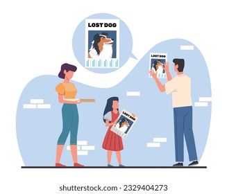 Lost pet. Dad and mom with daughter put up notice on wall about missing dog. Animal reward poster. runaway puppy, sad girl. Searching canine. Cartoon flat style isolated illustration vector concept