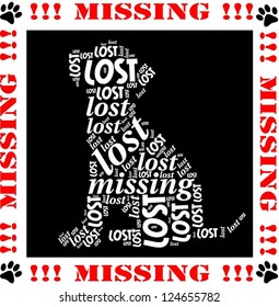 Lost puppy. Word cloud with missing or runaway dog.