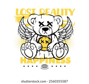 Lost Reality slogan with angel bear doll in spray-painted style, holding emoji face illustration. for fashion graphics, streetwear, hoodie, t-shirt prints, and more