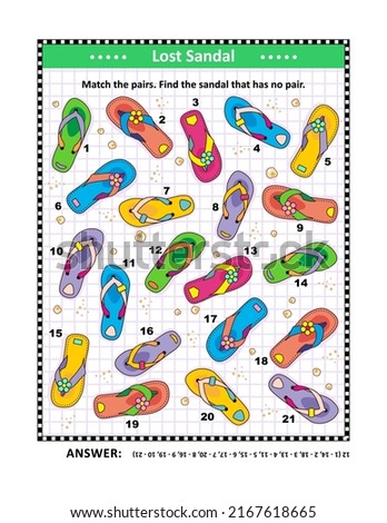 Lost sandal. Summer vacation themed visual puzzle (suitable both for kids and adults) with flip-flops on the beach sand: Match the pairs. Find the sandal that has no pair. Answer included.
