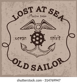 Lost at sea, old sailor label with hand drawn anchor and wings