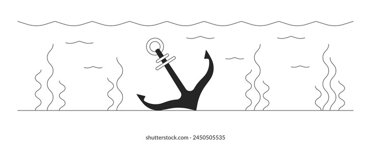 Lost ship anchor underwater 2D linear cartoon object. Vessel mooring tool on sea bottom isolated line vector element white background. Shipwreck consequences monochromatic flat spot illustration