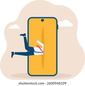 Lost in the social world. Businessman sucked into mobile phone

