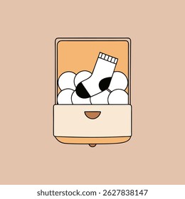 Meia perdida na cesta de roupa cheia com bolas de secador ilustração vetor minimalista