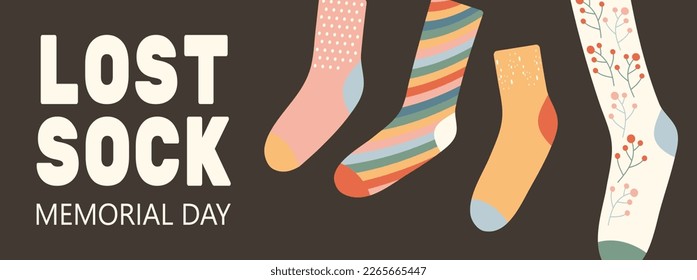 Verlorener Socken-Gedenktag. Mai 9. Wolle, warme Baumwollzubehör mit modernen Mustern und Textvorlagen. Unpaarte Einzelsocken mit Retro-Mutation. Vektorgrafik