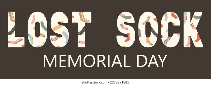 Día conmemorativo del calcetín perdido. 9 de mayo. Tipografía audaz con un patrón de accesorios cálidos. Calcetines individuales sin emparejar de paleta retro silenciada. Cartel, plantilla de banner Ilustración vectorial