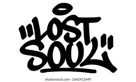 Lost soul graffiti tag in bold black ink with expressive handstyle. Vector street art lettering on transparent background. Perfect for emotional depth, urban feeling, and artistic vibe.
