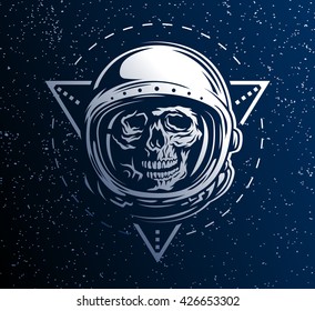 Lost in Space. A dead astronaut in a spacesuit on background of geometric elements.