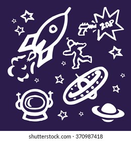 lost in space icons and
 graphics of space walker rocket ship stars a ray gun with zap a space station a helmet and satern planet