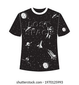 lost space .pattern shirt design with creative text and background using moon and spaceship symbol  