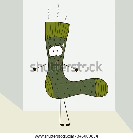 Lost sweaty strange absurd sock hiding around the corner and is afraid that he will find, cartoon vector illustration