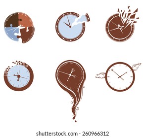 Lost Time Icon Set. Six Various Clocks Isolated On White Background. 