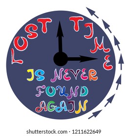 Lost time is never found again. Motivating phrases, quotes, statuses. Colorful inscription on  background of dial.