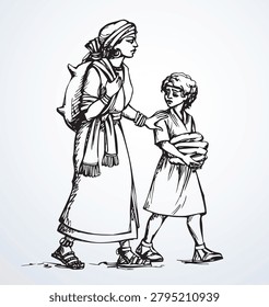 Lost tired poor saudi guy cry ask god give eat meal gone away cast out leave faith belief pray sad worry unhappy jew maid slave lady white sky scene. Hand drawn hebrew man walk hot dry desert land water skin sack old retro age believe line art sketch