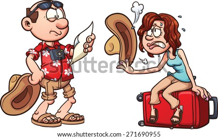 Lost tourist couple. Vector clip art illustration with simple gradients. Each element on a separate layer.