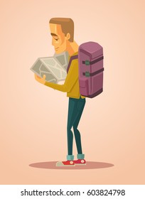 Lost tourist man character looking at map. Vector flat cartoon illustration