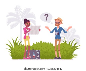 Lost tourists in a foreign country. People in vacation unable to find way, not knowing direction, bad in planning a map route, navigation and language problems. Vector flat style cartoon illustration