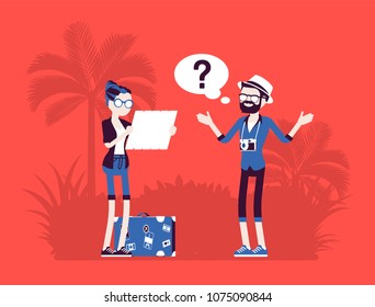 Lost tourists in a foreign country. People in vacation unable to find way, not knowing direction, bad in planning a route, navigation, language problems. Vector illustration with faceless characters