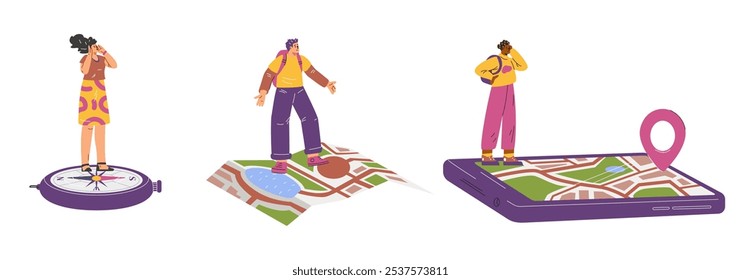 Lost traveler is looking for way home by mobile app, paper map. Cartoon frightened disoriented tourist persons got lost in wilderness, screams trying to call for help. Vector flat illustrations set