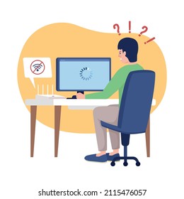 Lost wifi signal at home 2D vector isolated illustration. No connection. Worried man at computer desk flat characters on cartoon background. Everyday situation and daily life colourful scene