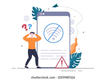 Lost Wireless Connection or Disconnected Cable, No Wifi Signal Internet, Page Not Found on Display Smartphone Screen. Background Vector Illustration
