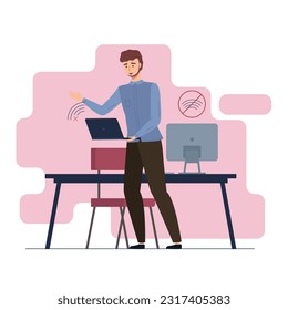 Lost wireless connection or disconnected cable, No wifi signal internet. Wireless connectivity disconnect, error connection wifi. Annoyed people and unpluged computer. Page not found on laptop screen