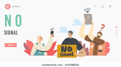 Lost Wireless Connection, No Wifi Signal Landing Page Template. Characters Use Wifi and Satellite for Surfing Internet in Free Wi Fi Zone, Online Public Access. Cartoon People Vector Illustration