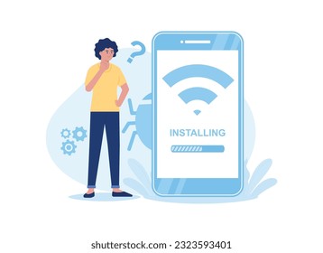 Lost wireless connection, no wifi signal internet on display smartphone trending flat illustration