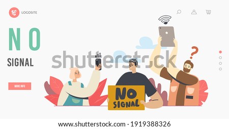 Lost Wireless Connection, No Wifi Signal Landing Page Template. Characters Use Wifi and Satellite for Surfing Internet in Free Wi Fi Zone, Online Public Access. Cartoon People Vector Illustration