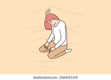 Lost woman kneels with head bowed on sand dunes in wilderness, suffering from thirst and exhaustion. Girl tourist lost hope after gone astray or forgot way home. Flat vector illustration 