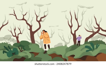 Lost woman, man searching each other in woods, calling, hoping. Sad couple wandering, missing. Relationship problem, psychology concept. Lonely people looking for partner. Flat vector illustration