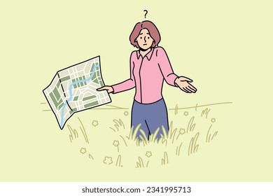 Lost woman with map stands in field and shrugs shoulders, not knowing where to go to find way home. Lost girl in business clothes is among tall grass, not understanding how to get out this situation