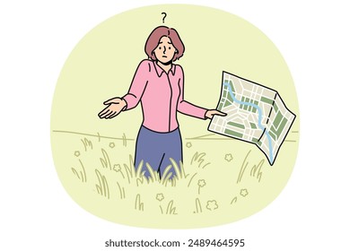 Lost woman with map stands in field and shrugs shoulders, not knowing where to go to find way home. Lost girl in business clothes is among tall grass, not understanding how to get out this situation