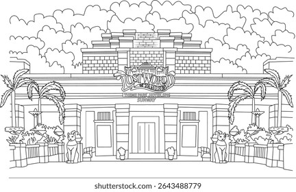 Lost World of Tambun Theme Park Entrance Line Art, Black and white line art illustration of the main entrance facade of the Lost World of Tambun theme park, hotel, and spa in Sunway, Malaysia.