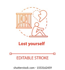 Lost yourself concept icon. Depression after breakup. Dependent relationship. Heartbroken. Feeling of hopelessness idea thin line illustration. Vector isolated outline drawing. Editable stroke